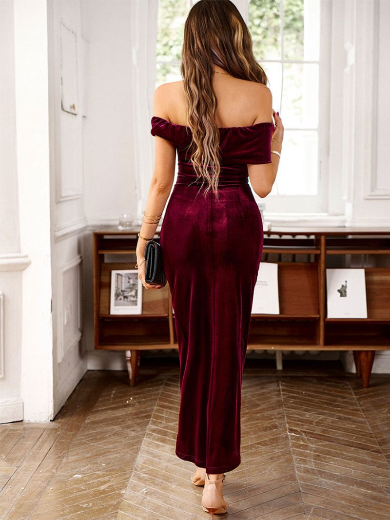 Kvinnors Sammetsklänningar Bateau Neck Plisserad Korta Ärmar Oregelbunden Prom Maxi Dress - Vröd